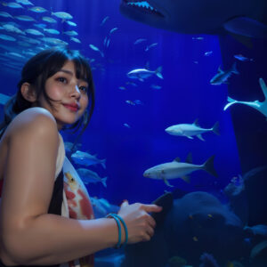 水族館デート、大きな水槽とお魚たちと彼女