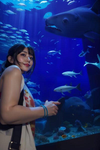 水族館デート、大きな水槽とお魚たちと彼女