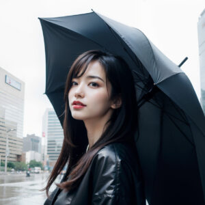 雨のオフィス街で傘をさしてタクシーを待つ女性