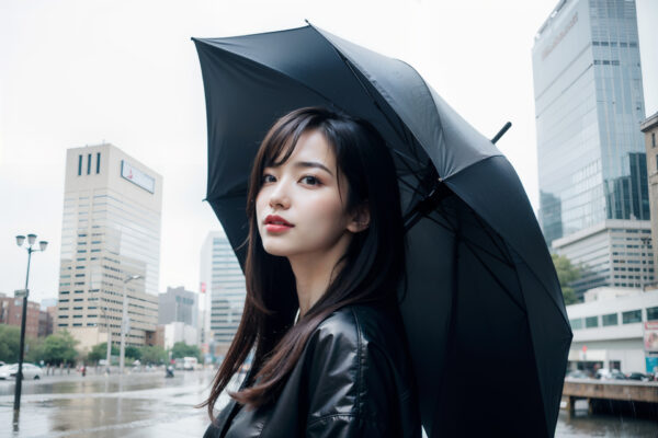 雨のオフィス街で傘をさしてタクシーを待つ女性