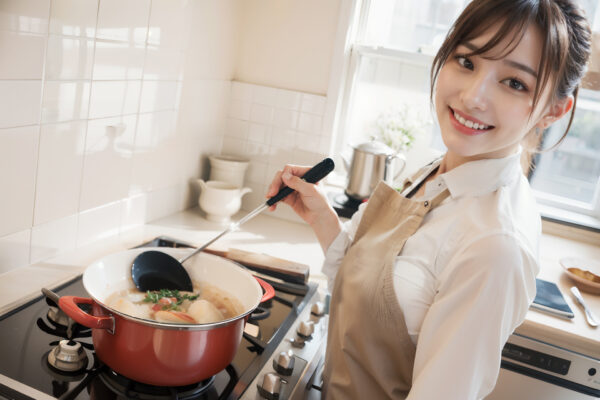 キッチンで料理をしながら笑顔で微笑むYシャツにエプロンをした女性