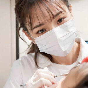 歯の治療をしているマスク姿の美人歯科医