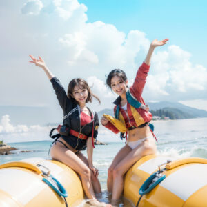 バナナボートに乗って笑顔で記念撮影する2人組の女性