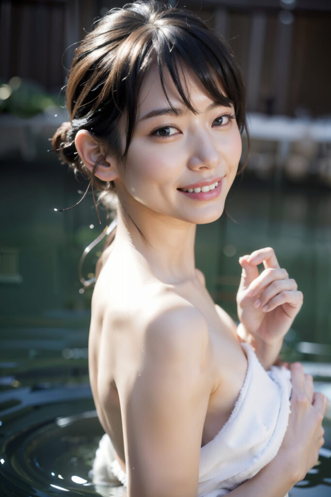 露天風呂の温泉に浸かって笑顔で振り向く女性[2991291360]
