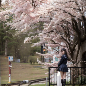 桜の木と線路とセーラー服がノスタルジックな写真素材[2460202201]