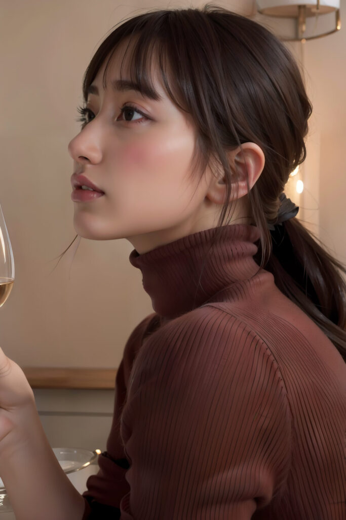 ワイングラスを持ちながら真剣な表情で見上げている女性の横顔[2758163337]