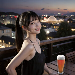 星空がキレイな屋上のビアガーデンでビールを飲む女性