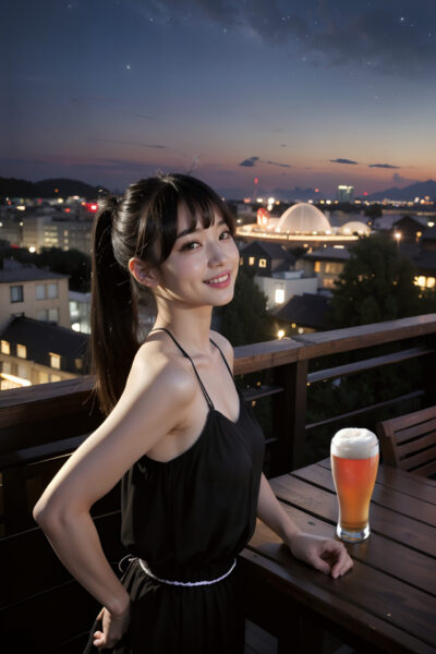 星空がキレイな屋上のビアガーデンでビールを飲む女性