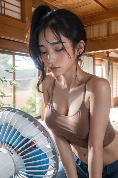 田舎の夏を扇風機の前で涼む女性