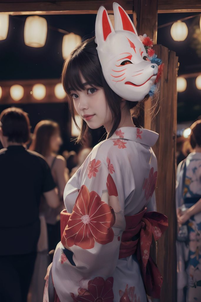 キツネのお面をつけた浴衣姿の見返り美人[3115594725]